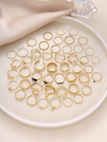51/48pcs Simple & Fashionable Faux Pearl, Metallic, Geometric, Heart, Butterfly Stackable Ring Set, Women Couples Sisters Holiday Date Casual Party Wedding Christmas Valentine Gift For Mom Friends - Vàng - Xem 7