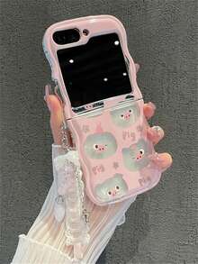 Ốp lưng điện thoại trong suốt toàn màn hình hình thỏ hoạt hình dễ thương, hoa sen và nơ, tương thích với Samsung Galaxy Z Flip7 Flip6 5 4 3, với mặt dây chuyền hình trái tim ruy băng đáng yêu, khung sóng, chống sốc, có thể gập lại, bảo vệ mặt sau. - lợn hồng - Xem 3