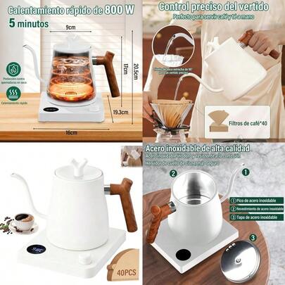 PZW Tetera Electrica de Cuello de Cisne de 1 L Hervidor Agua Electrico 800W de Calentamiento Rápido Kettle de Acero Inoxidable 304 Tetera Cuello Cisne Portátil con Apagado2537