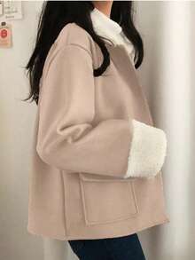 Women's Elegant Casual Wool Blend Jacket With Faux Fur Collar, Button Front Pockets, Long Sleeve Short Coat, Versatile Autumn/Winter Jacket - Beige - View 4