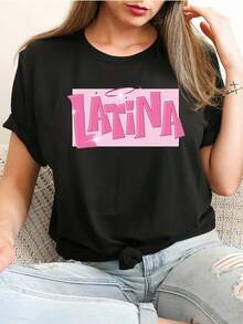Women's Latin Lettering T-Shirt - Latin Script Top With "LATINA" Print, Round Neck Short Sleeve Blouse For Summer, Casual Casual Attire & Latin Themed Outfits - màu đen - Xem 11