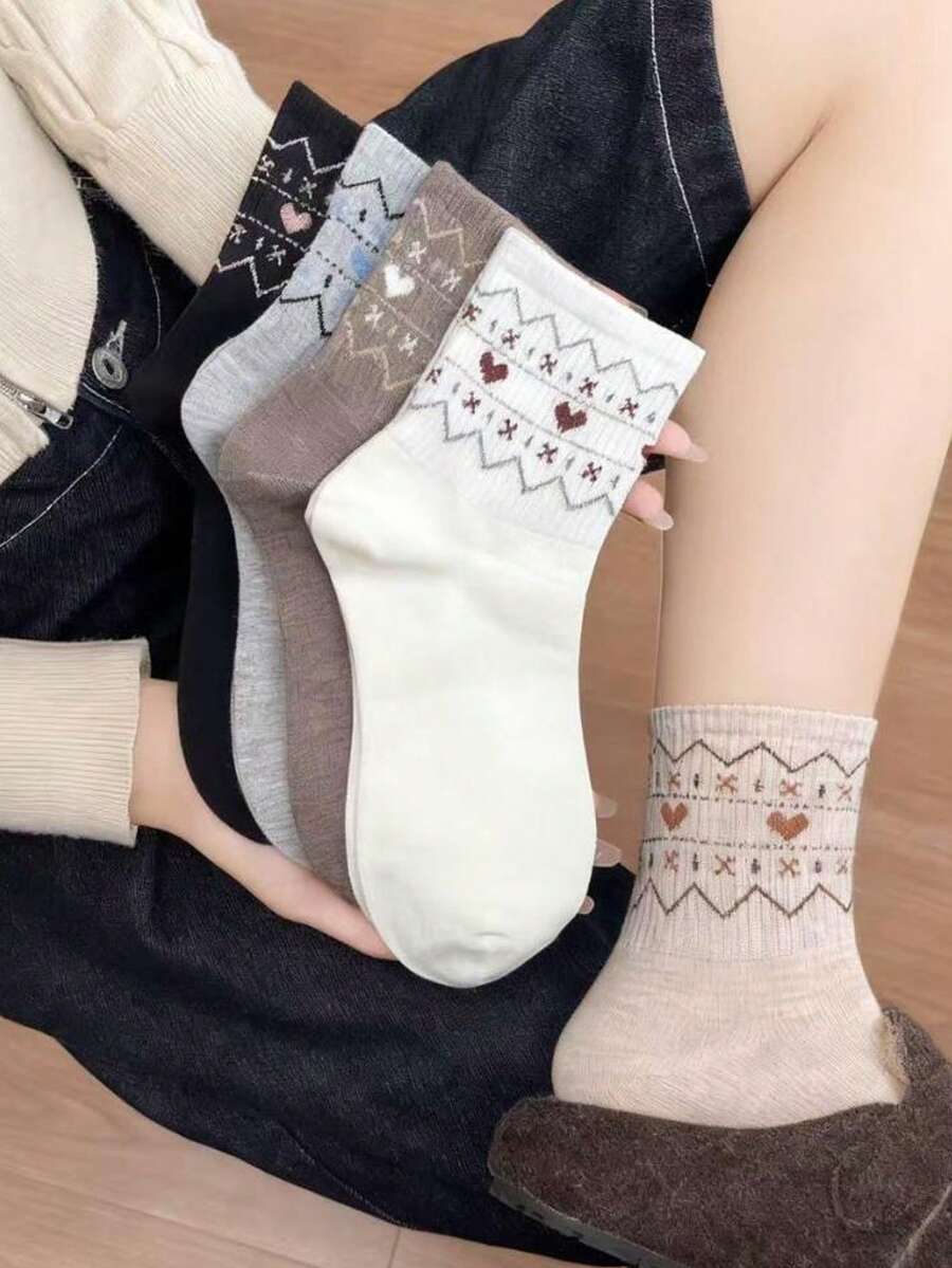 5 Paar Damen Socken, Vintage Fair Isle Herz Design Socken, lässiger vielseitiger College Stil Sport Knöchelsocken, bequeme weiche Socken geeignet für den täglichen Lässig Bereich, Sport, Zuhause, Pendeln, Partys, Weihnachtsgeschenk, Ganzjährig - Verschiedenfarbig - Übersicht 1