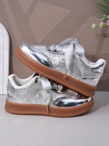 儿童运动鞋，婴儿运动鞋，新款春秋季幼儿/大童纯色魔术贴休闲运动鞋，厚底透气男女童跑步鞋，校园休闲学生皮鞋 - 銀色 - 查看 6