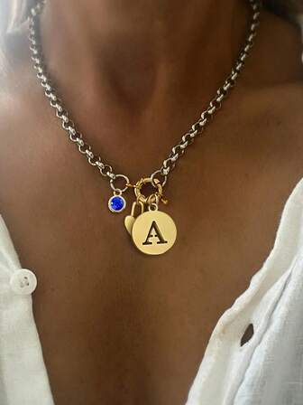 1pc STYLEVER Gold Letter Pendant Necklace, Comes With 1 Silver Chain And 1 Stainless Steel Chain, Suitable For Work, Daily Life, Parties, Banquets And Balls. A Unique And Luxurious Necklace For Women.