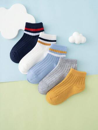 5 Pairs Boys' Solid Color Vertical Striped Ankle Socks