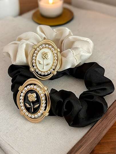 2个优雅黑白玫瑰发圈，复古花卉设计，适合日常佩戴、派对和度假，时尚发饰