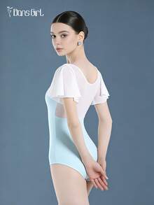 DonsGirl 一件装女士芭蕾舞紧身衣 - 浪漫仙女荷叶边袖子和网纱拼接连体衣，适合空中瑜伽、花样滑冰和表演服 - 淺藍色 - 查看 4