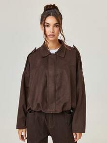 KATCH ME Women's Vintage Oversized Solid Color Suede Cropped Bomber Jacket, Winter Clothes Fashion Outfits - Coffee - View 7