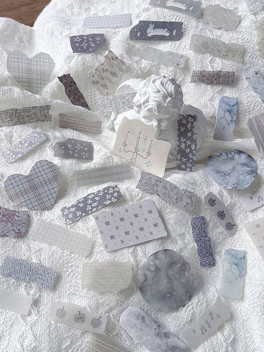 CANDY POETRY 50入/包復古布料手撕貼紙,創意美學貼紙貼紙,DIY裝飾拼貼手工材料,節日禮物,個性化剪貼簿學校用品 - 灰色 - 查看 1