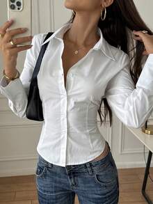 Women's Simple Casual Solid White Sexy Elegant Tie-Waist Turndown Collar Blouse, Suitable For Daily, Date, Valentine's Day, Commuting, Spring/Summer/Autumn - White - View 4