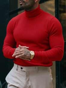 FRACTYR 男士基础款纯色高领毛衣，秋冬季保暖叠穿针织衫 - 紅色 - 查看 1