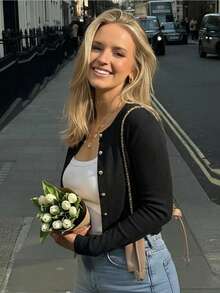 Blusa corta acanalada para mujer, Cárdigan de punto de manga larga negro, Diseño con botones delanteros, Cuello redondo, Estiramiento medio - Negro - Ver 5