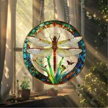 2D Flat, Dragonfly Suncatcher - Acrylic Stained Glass Window Hanging, Perfect Gift For Women, Suitable For Home & Porch Decor, Wreaths, Housewarming, Round Ornament, Decorative Art Style, Insect Theme