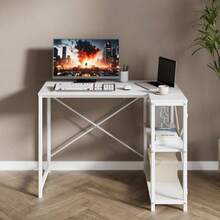 100 Cm L-Shaped Computer Desk With Storage Shelves Corner Desk Metal Legs Modern Simple Writing Table Perfect For Small Space White - White - View 4