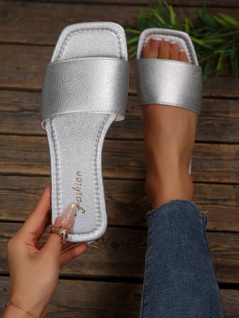 Plus Size Women's Slide Sandals, Spring/Summer New Festival Edition, Square Toe Flat Sandals To Pair With Dresses, Stylish Slippers, Beautiful Girls' Summer Beach Shoes, Non-Slip House Slippers, Lovely Girls' Plastic Slides