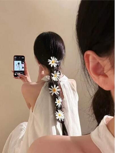 5pcs/Set 6cm/2.36in White Daisy Fabric Hair Clips, Fashion Versatile Elegant Minimalist Solid Color Floral Hairpins, Suitable For Daily Wear, Casual, Commute, Beach, Bun, Ponytail, Washing Face, Makeup, Outfit Accessory