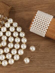 夸张多层蒲公英手工串珠仿珍珠项链、手链和耳环三件套，复古波西米亚风 - 白色 - 查看 3