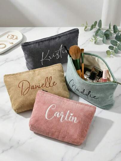 Bolsa de cosméticos de pana bordada, neceser de maquillaje personalizado, bolsa de aseo bordada, regalo de Navidad, regalo para dama de honor, regalo para ella