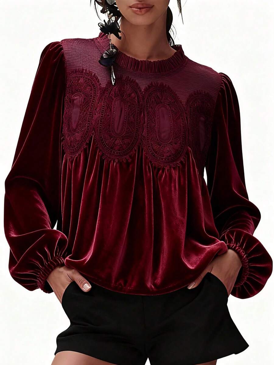 Velvet Trim Lace Blouse Women Long Sleeve Elegant Swing Top Flared Hem Round Neck Casual Blouse Tunic - 中紫紅色 - 查看 1