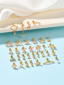 1pc Gold Plated Earring, 20g, Multi-Element Design With Heart, Butterfly, Flower, Star, Cross Shapes, Inlaid Zirconia, Valentine's Day Gift - Gold - View 6
