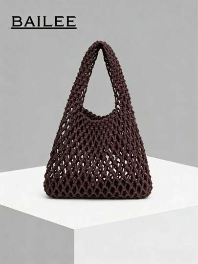 BAILEE 1 Set Polyester Crochet Mesh Bottom Multi-Color Solid Knitted Tote Bag, Quilted Diamond Pattern, Lightweight, Portable, Large Capacity, Cute & Fashionable, Suitable For Women, Career Starters, Office Ladies, Can Be Used As Teacher's Day Gift, Also Suitable For Girls, Ladies, Suitable For Teacher's Day, Business/Commute/Work/Office, Holidays/Vacations, Outdoor/Excursions/Travel/Hiking, Sports/Climbing, Summer, Autumn And Winter, An Essential Vacation Bag For Autumn