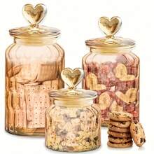 Heart-Shaped 3-Piece Jar Set Large-Capacity Glass Food Storage Jars Airtight Clamp Lids For Leak-Proof Kitchen Storage Transparent Sealed Containers Ideal For Sugar, Flour, Grains, Coffee Beans, Spices, Dried Goods, Cereal, Cookies, Tea, Nuts, Pasta Moisture-Proof, Freshness-Preserving Storage Jars Stackable For Space-Saving Easy-Open Wide-Mouth Design Essential Home Baking Ingredient & Seasoning Organizer Large Mason Wide-Mouth Jars Father's Day Gift - 琥珀色 - 查看 6