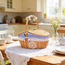 1-Piece Elegant Covered And Handle Oval Wicker Picnic Basket Storage Basket, Suitable For Kitchen Daily Storage, Camping, Outdoor Parties, Etc - 淺藍色 - 查看 2