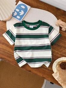 幼儿夏季短袖棉质条纹T恤，儿童弹力短袖上衣，轻薄透气柔软T恤 - 綠色 - 查看 2