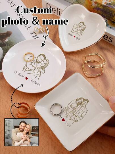 Bandeja de joyería personalizable con foto y nombre, bandeja de anillos personalizada, caja de recuerdos personalizada, bandeja de joyería de viaje personalizable con foto, caja de almacenamiento de joyería de cerámica, regalo del Día de San Valentín, regalo de aniversario, bandeja decorativa, decoración de la sala de estar, vintage, de moda, elegante, novia, amigo, amante, esposo, esposa, familia