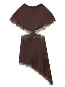 棕色蕾丝迷你连衣裙，优雅女士夏季连衣裙，派对装扮，缎面鸡尾酒短裙，女士度假装 - 咖啡棕 - 查看 4