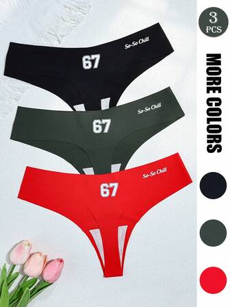 3条装女士丁字裤 - 黑色、红色、绿色“67”印花 | 无缝舒适贴合