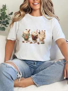 Camiseta Con Tazas De Chocolate Caliente Festivas, Camiseta De Cacao Navideño - 白色 - 查看 1