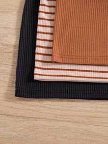 3pcs/Set Girls Ribbed Ribbed & Solid Color Fitted Sleeveless Halter Neck Dress - Coffee Brown - View 10