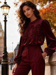 Velvet Trim Lace Blouse Women Long Sleeve Elegant Swing Top Flared Hem Round Neck Casual Blouse Tunic - 中紫紅色 - 查看 5