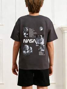 Tween Boys 1pc Space & Airplane Print Short Sleeve Crewneck T-Shirt, Summer Tops For Young Students - Dark Grey - View 2