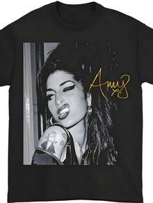 Classic Amy Winehouses Unisex Graphic Novelty Tee Short Sleeve Men Women Summer Crew Neck Cotton Tee - 黑色 - 查看 1