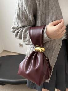 1pc Solid Color PU Leather Handbag, Burgundy Ancora Design, Women's Personalized Mini Cloud Pleated Bag With Metal Decor Zipper Closure, Suitable For Daily And Outdoor Use - Màu Đỏ Sâu - Xem 3