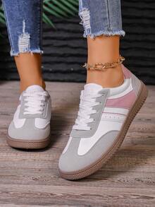 Spring/Autumn New Fashion Pink Flat Versatile Round Toe Lace-Up Casual Sneakers For Women, Preppy Style - Pink - View 6