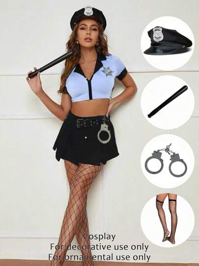 Women's Hat Combo, Costume Accessory Set, Cosplay Props - Hat, Baton, Handcuffs, Suitable For Halloween, Festivals, Parties, Gatherings
