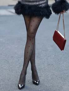 1 Pair Women's High Waist Heart Pattern Leggings, Sexy Ultra-Thin Red Heart Design, Stretchy Knit Fabric, Fashionable & Versatile, Suitable For Daily Wear - Black - View 3