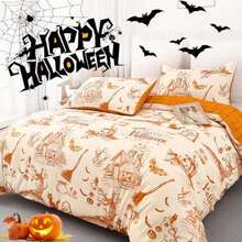Halloween Bed Sheet Set - Ghost Themed, 3-Piece Queen Size with 2 Pillowcases - Naranja - Ver 3