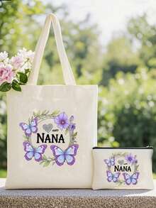 1-2 piezas "Mejor niñera para siempre" Bolsa de lona impresa con diseño de corona, plegable, reutilizable, bolsa unisex, bolsa de compras de hombro de color beige de moda, de poliéster duradero, lavable a máquina, regalo perfecto con tema de agradecimiento - Multicolor - Ver 20