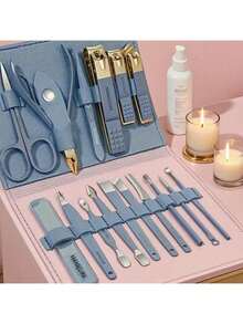 16-Piece Professional Manicure Set | Stainless Steel Nail Care Kit With Travel Case | Complete At-Home & On-The-Go Grooming Kit - Xanh nhạt - Xem 8