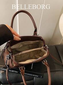 Vintage Minimalist Zipper Decor Commuter Handbag With Pendant - Coffee - View 10