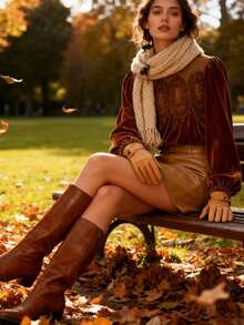 Velvet Trim Lace Blouse Women Long Sleeve Elegant Swing Top Flared Hem Round Neck Casual Blouse Tunic - 棕色 - 查看 4