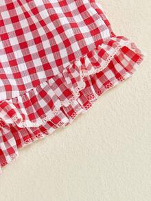 Toddler Baby Girl Summer Outfit Strawberry Embroidered Plaid Bows Ruffled Trim Tank Tops And Shorts 2 Pcs Set - Red - View 5