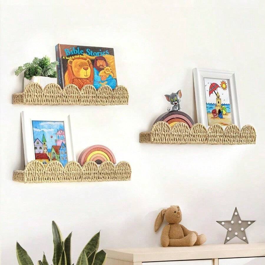 AELS - Estanteria festoneada para guarderia juego de 3 estante de repisa para decoracion de pared estantes flotantes de papel de paja tejida para libros juguetes marcos de fotos guarderia - como en la foto - Ver 1