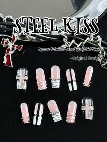 原创设计，手工制作，10片装朋克风亚克力美甲套装，短方形美甲，粉色斑马纹美甲，Y2K美甲，包含法式美甲贴片，手工制作美甲贴片 - 彩色 - 查看 2