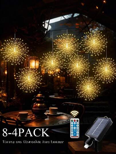480/240 LED 悬挂式烟花灯，户外太阳能灯，太阳能星爆灯，8 种模式可调光遥控器，防水铜线灯，室内外圣诞装饰灯，适用于庭院、遮阳伞、屋檐、花园、树木、帐篷装饰（暖白/白/彩色）