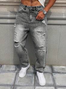 Jeans rectos con efecto desgastado para hombre - Gris Oscuro - Ver 7